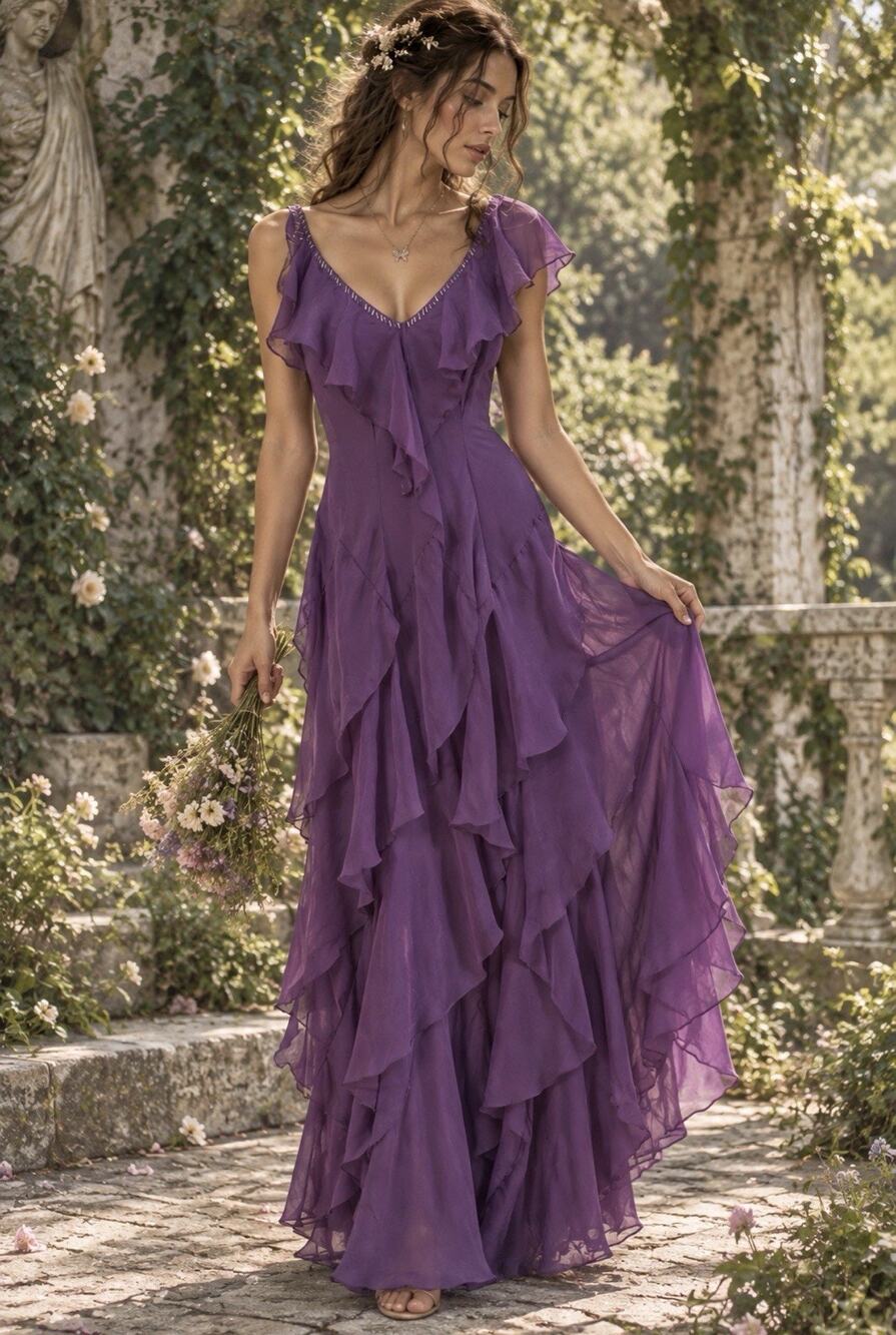 VTG Y2K Robbie Bee Dress Women’s Size 8 Fairycore Cascade Tiered Purple Whimsy